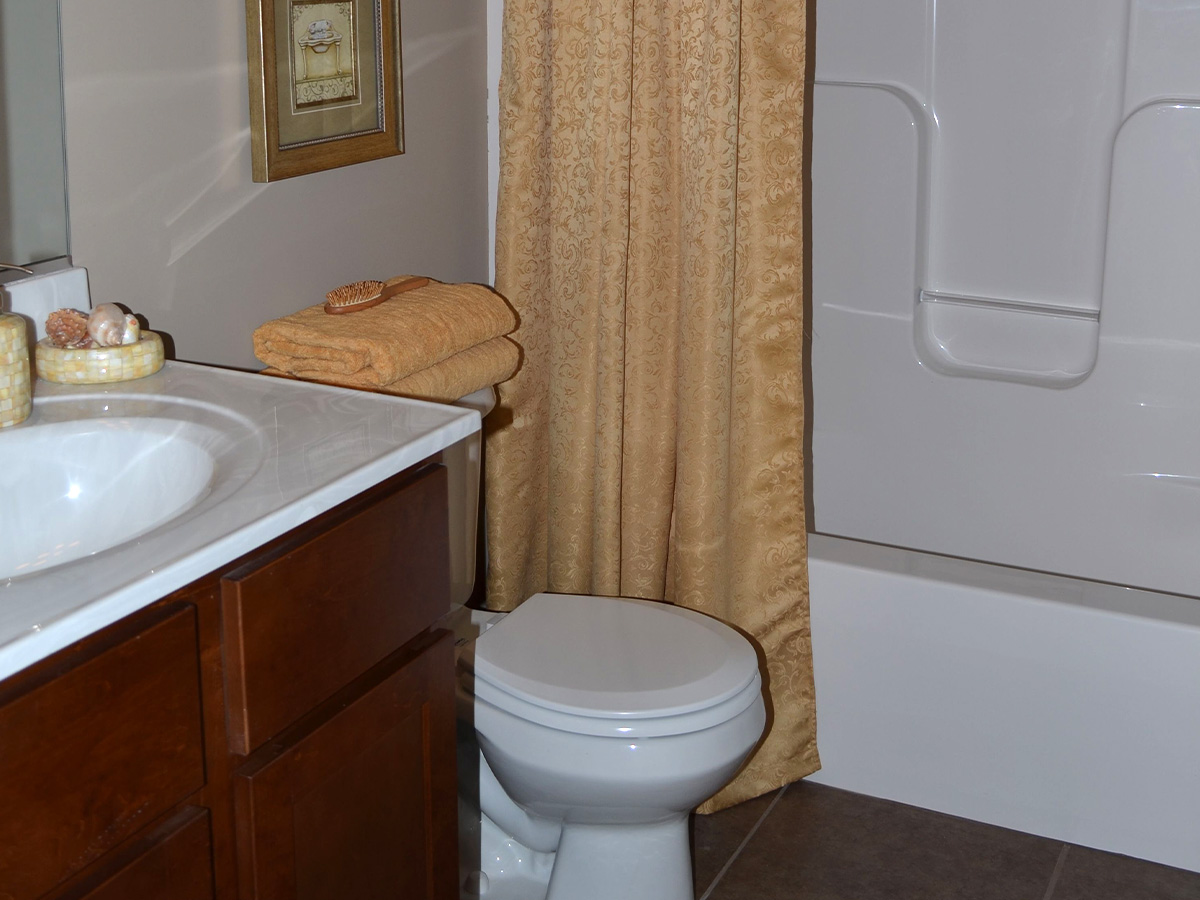 Bathroom with toilet, shower, sink, and mahogany vanity